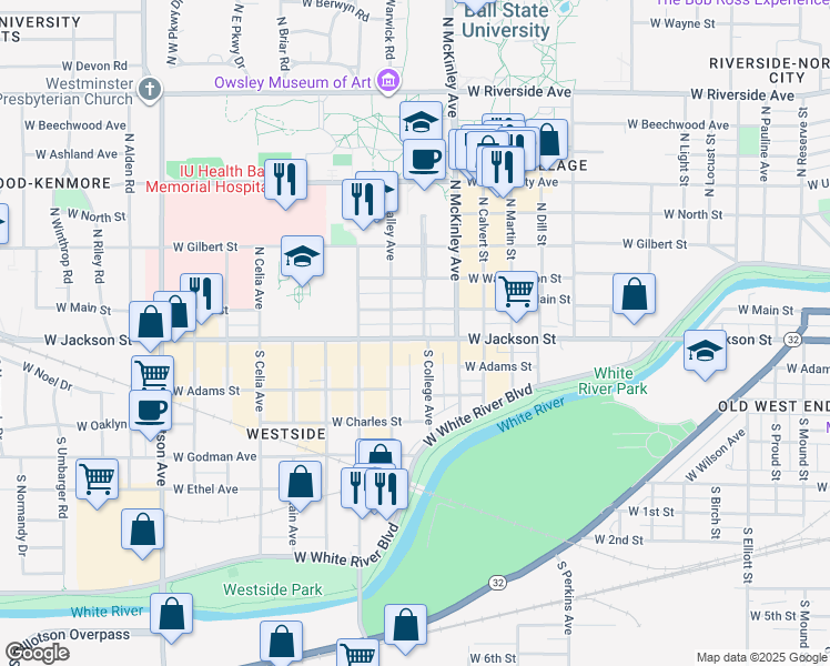 map of restaurants, bars, coffee shops, grocery stores, and more near 202 South Talley Avenue in Muncie