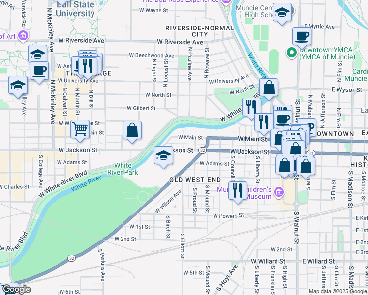 map of restaurants, bars, coffee shops, grocery stores, and more near 919 West Jackson Street in Muncie