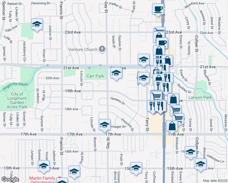 map of restaurants, bars, coffee shops, grocery stores, and more near 1200 19th Avenue in Longmont