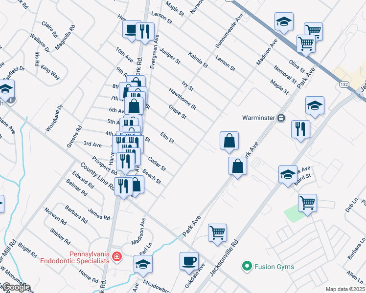 map of restaurants, bars, coffee shops, grocery stores, and more near 341 Elm Street in Warminster