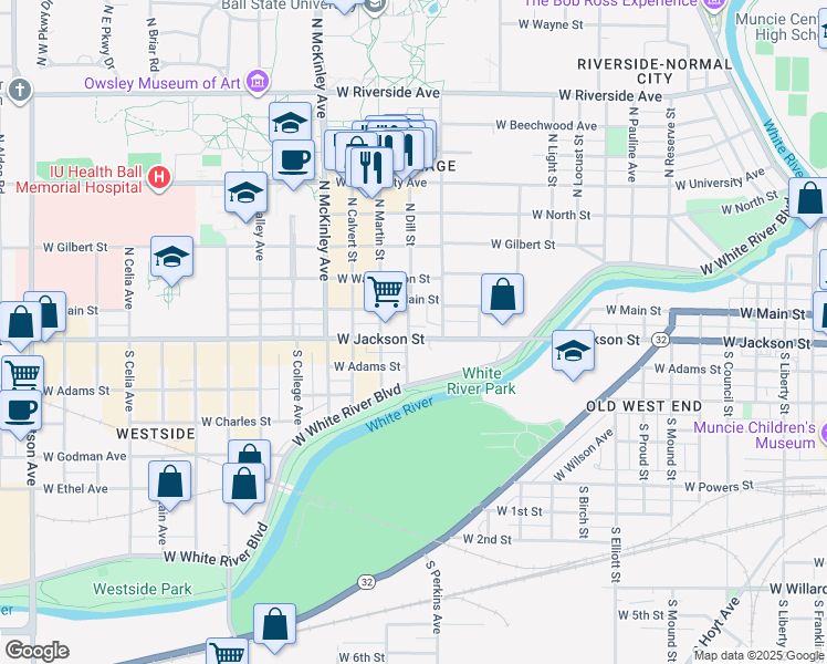 map of restaurants, bars, coffee shops, grocery stores, and more near 1515 West Jackson Street in Muncie