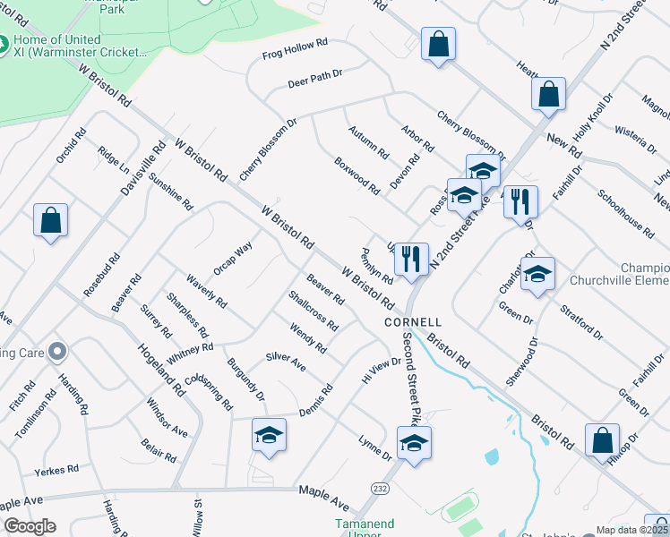 map of restaurants, bars, coffee shops, grocery stores, and more near 448 West Bristol Road in Bucks County
