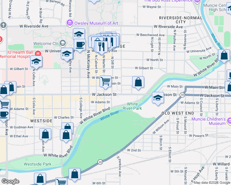 map of restaurants, bars, coffee shops, grocery stores, and more near 1515 West Jackson Street in Muncie