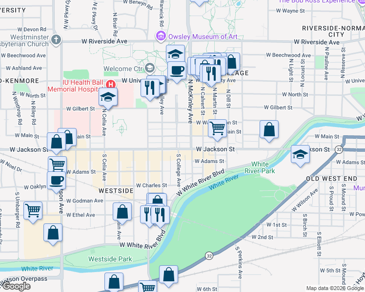 map of restaurants, bars, coffee shops, grocery stores, and more near 1924 West Jackson Street in Muncie