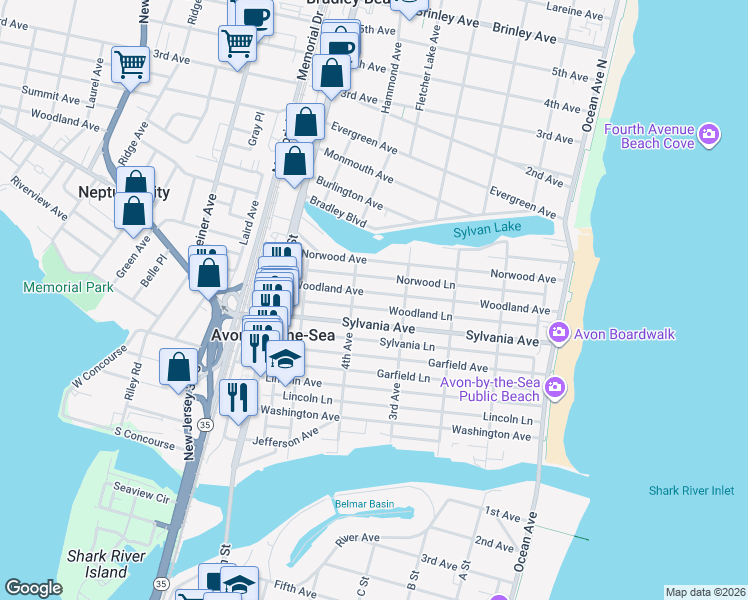 map of restaurants, bars, coffee shops, grocery stores, and more near 330 Sylvania Avenue in Avon-by-the-Sea