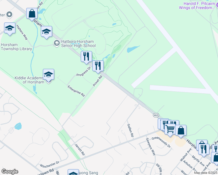 map of restaurants, bars, coffee shops, grocery stores, and more near 795 Horsham Road in Horsham