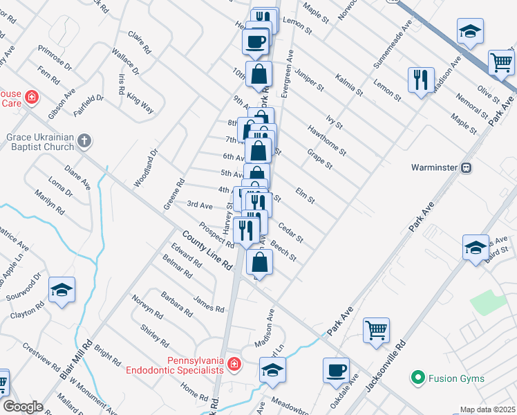 map of restaurants, bars, coffee shops, grocery stores, and more near 91 York Road in Warminster