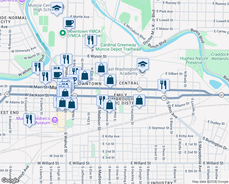 map of restaurants, bars, coffee shops, grocery stores, and more near 619 East Jackson Street in Muncie
