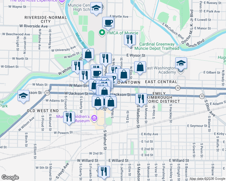 map of restaurants, bars, coffee shops, grocery stores, and more near 208 South Walnut Street in Muncie