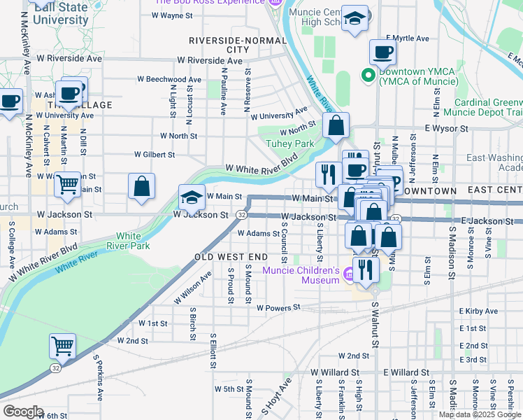 map of restaurants, bars, coffee shops, grocery stores, and more near 701 West Jackson Street in Muncie