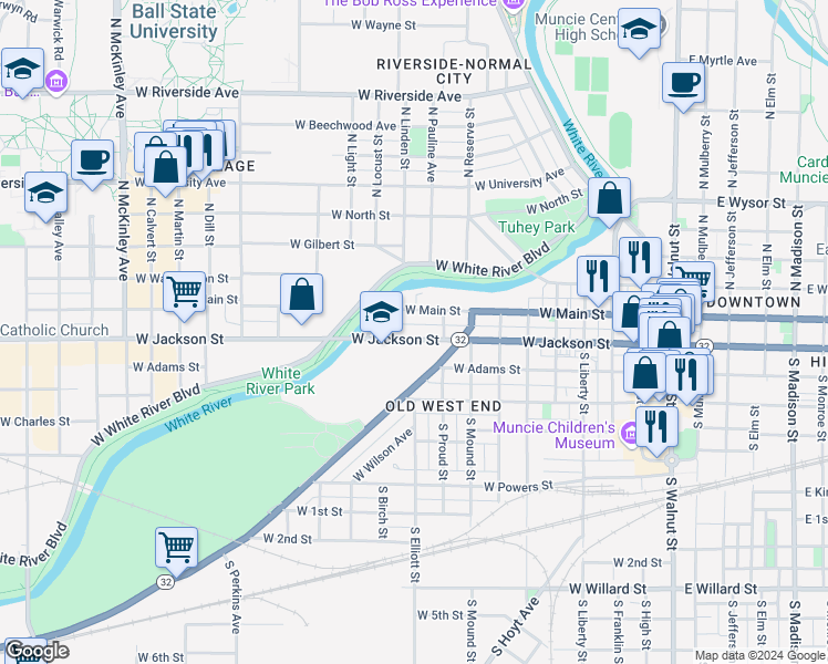 map of restaurants, bars, coffee shops, grocery stores, and more near 919 West Jackson Street in Muncie