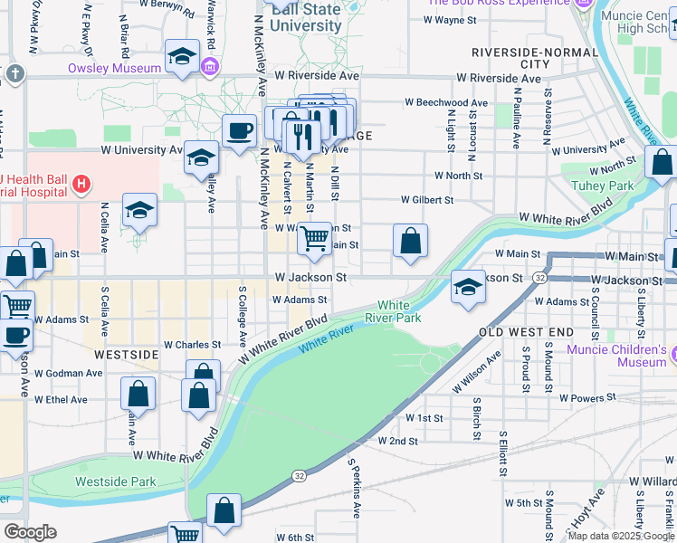 map of restaurants, bars, coffee shops, grocery stores, and more near 1515 West Jackson Street in Muncie
