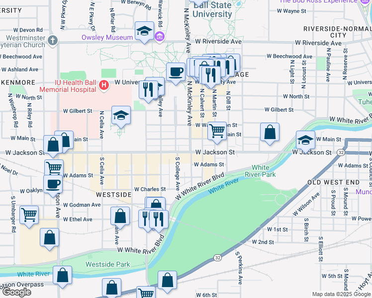 map of restaurants, bars, coffee shops, grocery stores, and more near 216 South College Avenue in Muncie