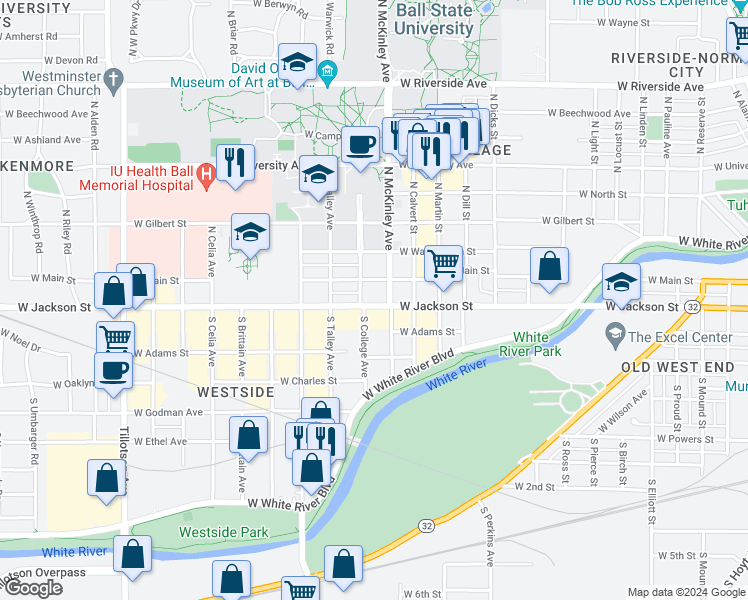 map of restaurants, bars, coffee shops, grocery stores, and more near 216 South College Avenue in Muncie
