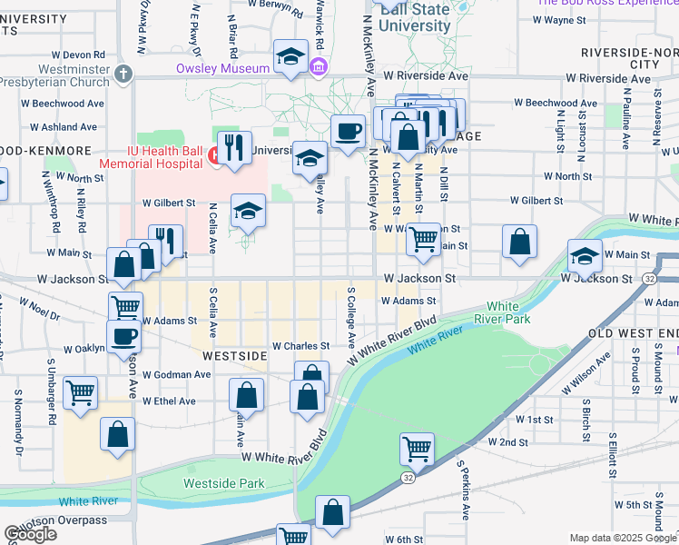 map of restaurants, bars, coffee shops, grocery stores, and more near 202 South Talley Avenue in Muncie
