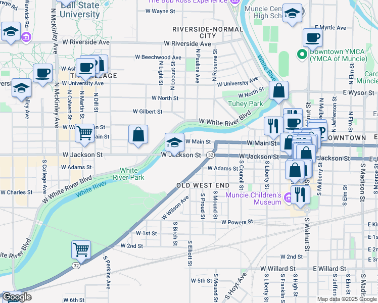 map of restaurants, bars, coffee shops, grocery stores, and more near 919 West Jackson Street in Muncie