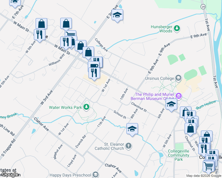 map of restaurants, bars, coffee shops, grocery stores, and more near 26 Jacob Way in Collegeville