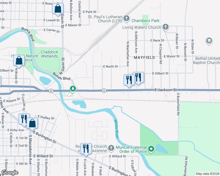map of restaurants, bars, coffee shops, grocery stores, and more near 2611 East Jackson Street in Muncie