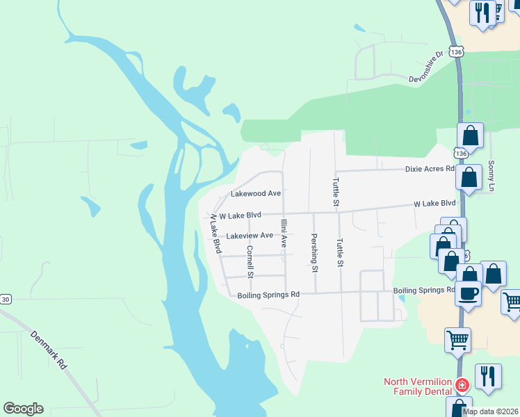 map of restaurants, bars, coffee shops, grocery stores, and more near 400-416 West Lake Boulevard in Danville