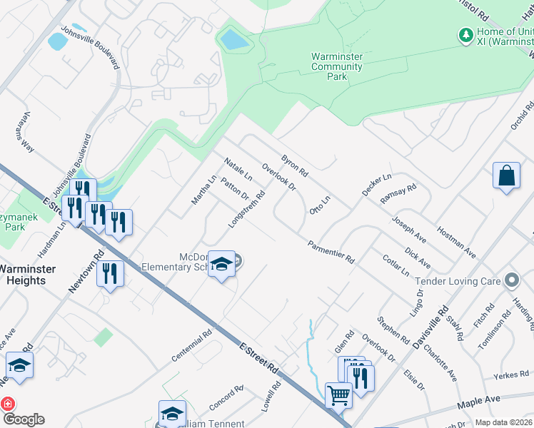 map of restaurants, bars, coffee shops, grocery stores, and more near 513 McGlynn Road in Warminster