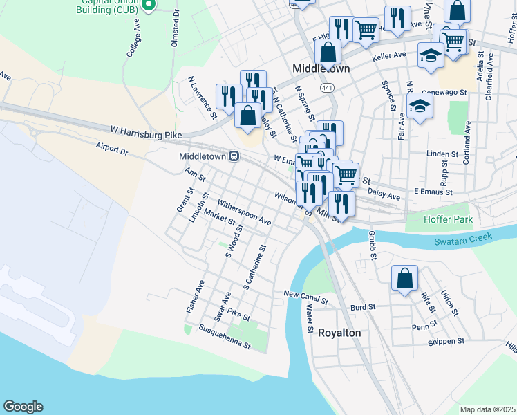 map of restaurants, bars, coffee shops, grocery stores, and more near 144 Ann Street in Middletown