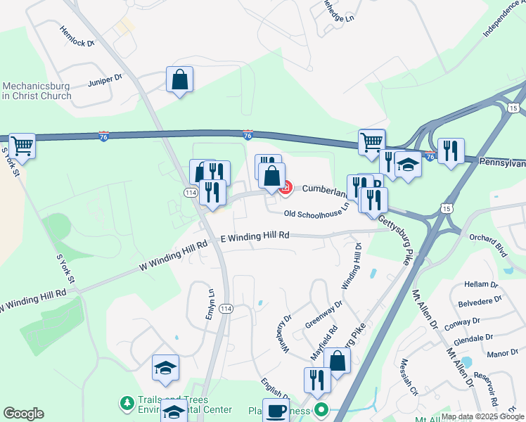 map of restaurants, bars, coffee shops, grocery stores, and more near 110 Old Schoolhouse Lane in Mechanicsburg