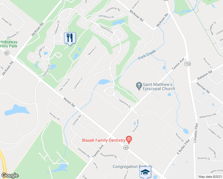 map of restaurants, bars, coffee shops, grocery stores, and more near 633 Woodbrook Drive in Ambler
