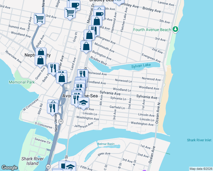 map of restaurants, bars, coffee shops, grocery stores, and more near 330 Sylvania Avenue in Avon-by-the-Sea