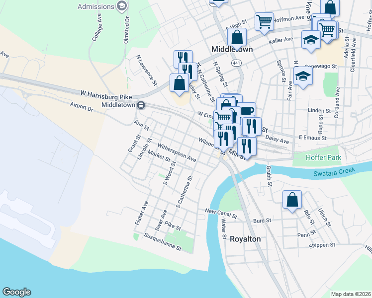 map of restaurants, bars, coffee shops, grocery stores, and more near 149 Market Street in Middletown