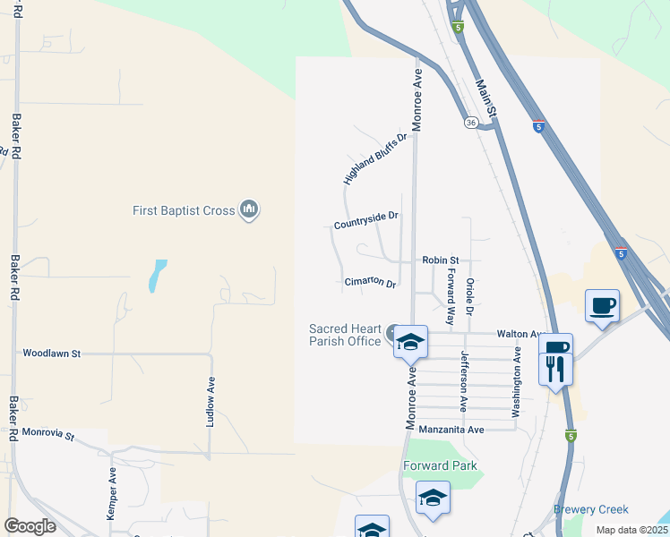 map of restaurants, bars, coffee shops, grocery stores, and more near 2575 Meadowview Drive in Red Bluff