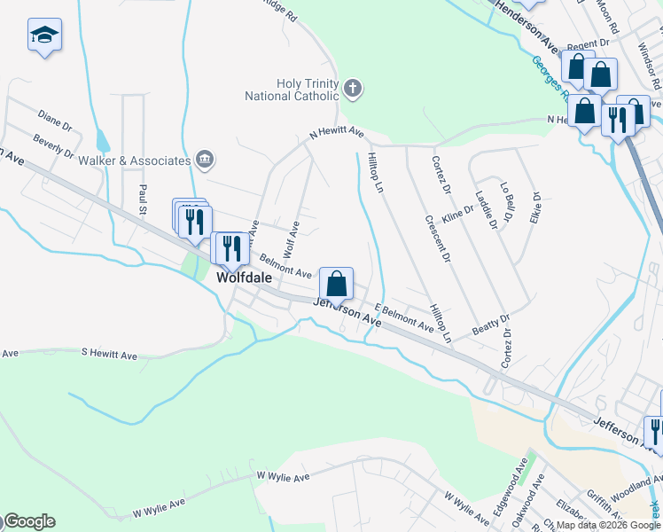 map of restaurants, bars, coffee shops, grocery stores, and more near 135 Melody Lane in Washington