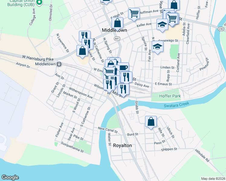 map of restaurants, bars, coffee shops, grocery stores, and more near 12 Brown Street in Middletown