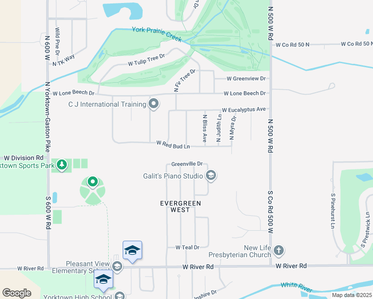 map of restaurants, bars, coffee shops, grocery stores, and more near 8617 West Red Bud Lane in Muncie