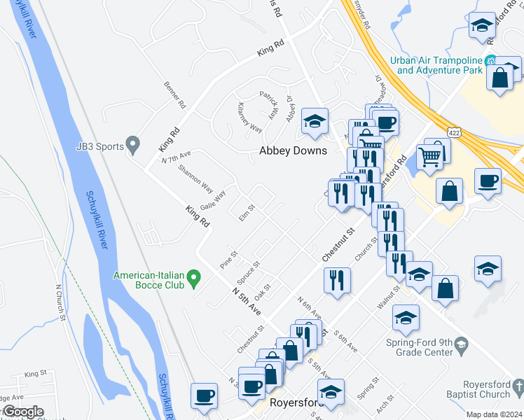 map of restaurants, bars, coffee shops, grocery stores, and more near 108 Horseshoe Drive in Royersford