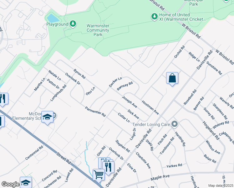 map of restaurants, bars, coffee shops, grocery stores, and more near 640 Joseph Avenue in Warminster