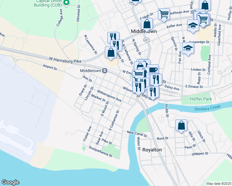 map of restaurants, bars, coffee shops, grocery stores, and more near 144 Ann Street in Middletown