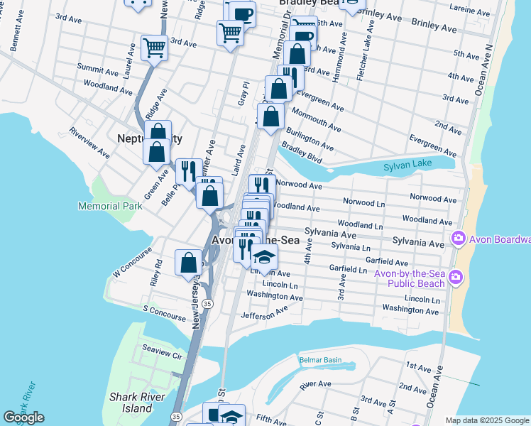 map of restaurants, bars, coffee shops, grocery stores, and more near 607 5th Avenue in Avon-by-the-Sea