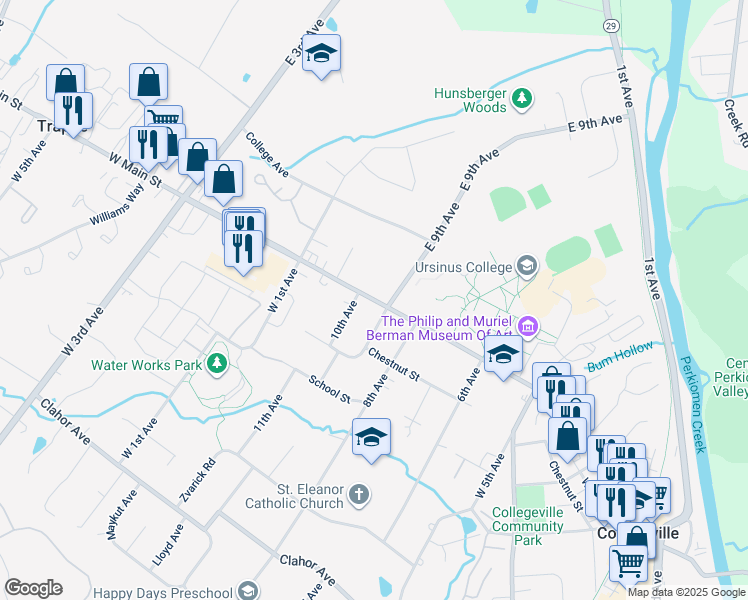 map of restaurants, bars, coffee shops, grocery stores, and more near 947 State Route 4031 in Collegeville