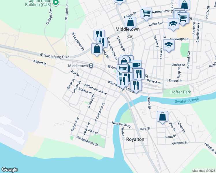 map of restaurants, bars, coffee shops, grocery stores, and more near 124 Wilson Street in Middletown
