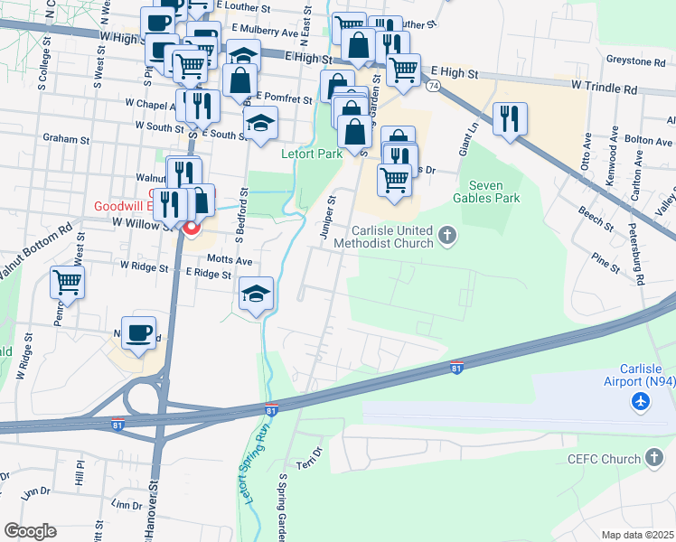 map of restaurants, bars, coffee shops, grocery stores, and more near 410 South Spring Garden Street in Carlisle
