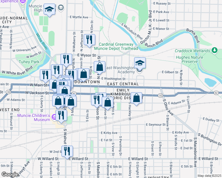 map of restaurants, bars, coffee shops, grocery stores, and more near 608 East Main Street in Muncie
