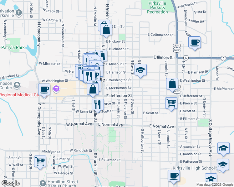 map of restaurants, bars, coffee shops, grocery stores, and more near 314 East McPherson Street in Kirksville
