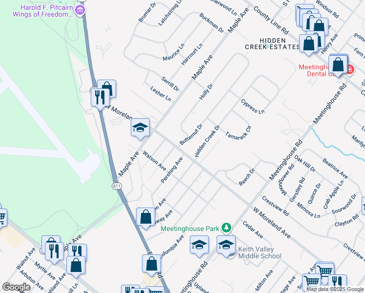 map of restaurants, bars, coffee shops, grocery stores, and more near 135 Butternut Drive in Hatboro