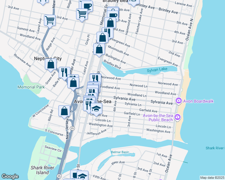 map of restaurants, bars, coffee shops, grocery stores, and more near 418 Norwood Lane in Avon-by-the-Sea