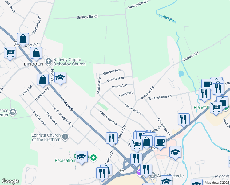 map of restaurants, bars, coffee shops, grocery stores, and more near 1166 Dawn Avenue in Ephrata