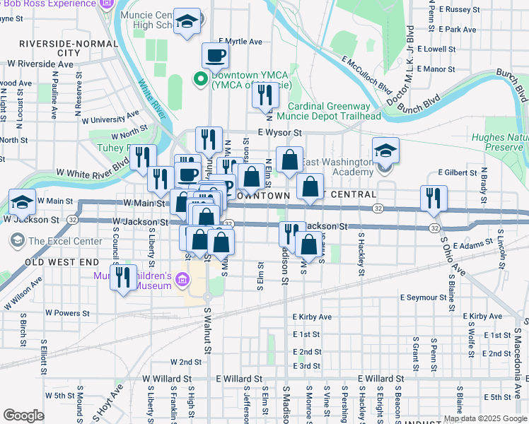 map of restaurants, bars, coffee shops, grocery stores, and more near in Muncie