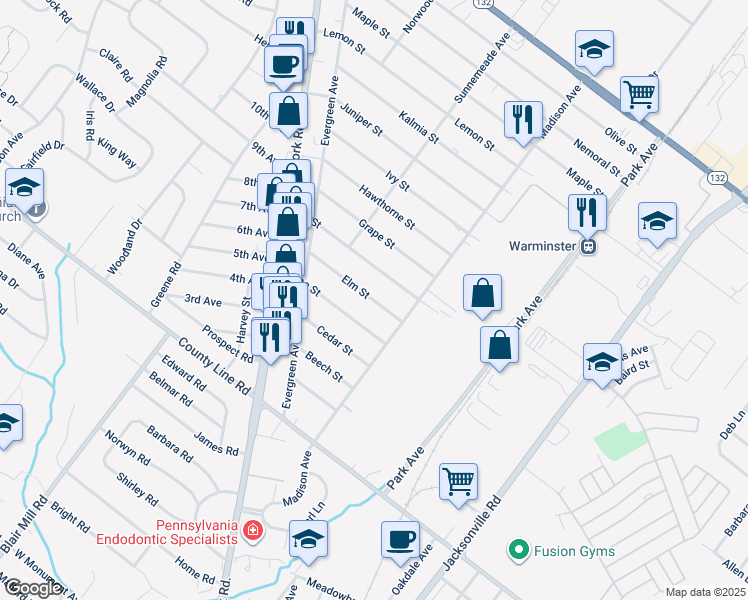 map of restaurants, bars, coffee shops, grocery stores, and more near 341 Elm Street in Warminster