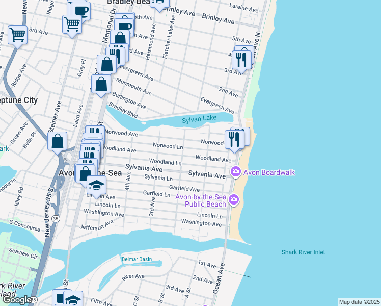 map of restaurants, bars, coffee shops, grocery stores, and more near 121 Norwood Avenue in Avon-by-the-Sea