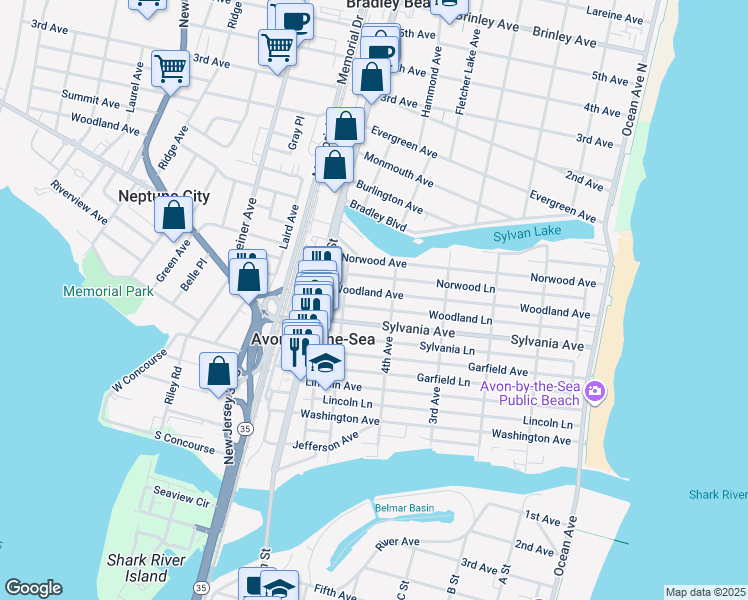 map of restaurants, bars, coffee shops, grocery stores, and more near 415 Woodland Avenue in Avon-by-the-Sea