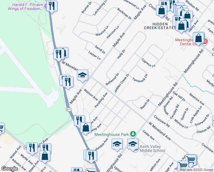 map of restaurants, bars, coffee shops, grocery stores, and more near 135 Butternut Drive in Hatboro